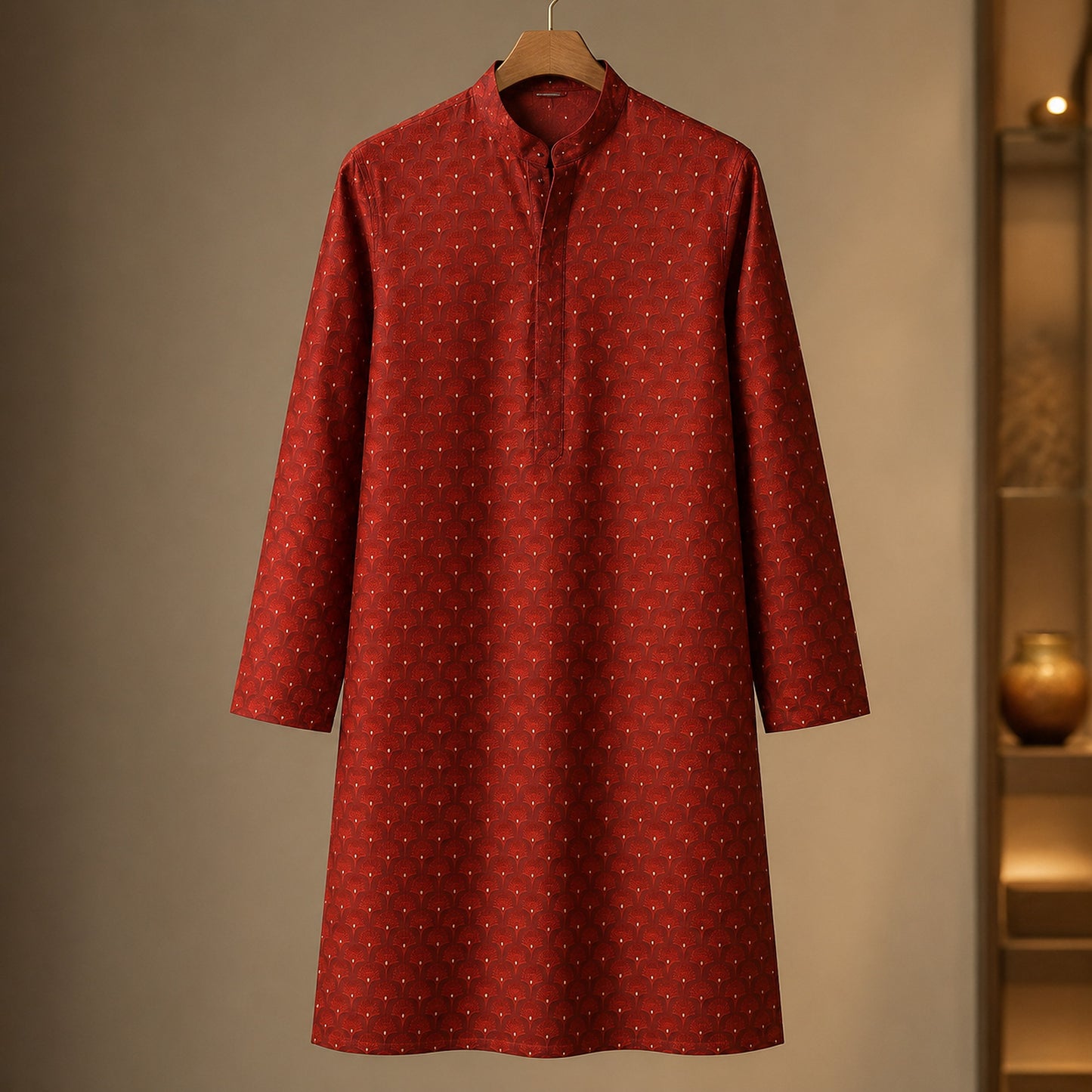 Royal Red Fan Motif Jacquard Kurta