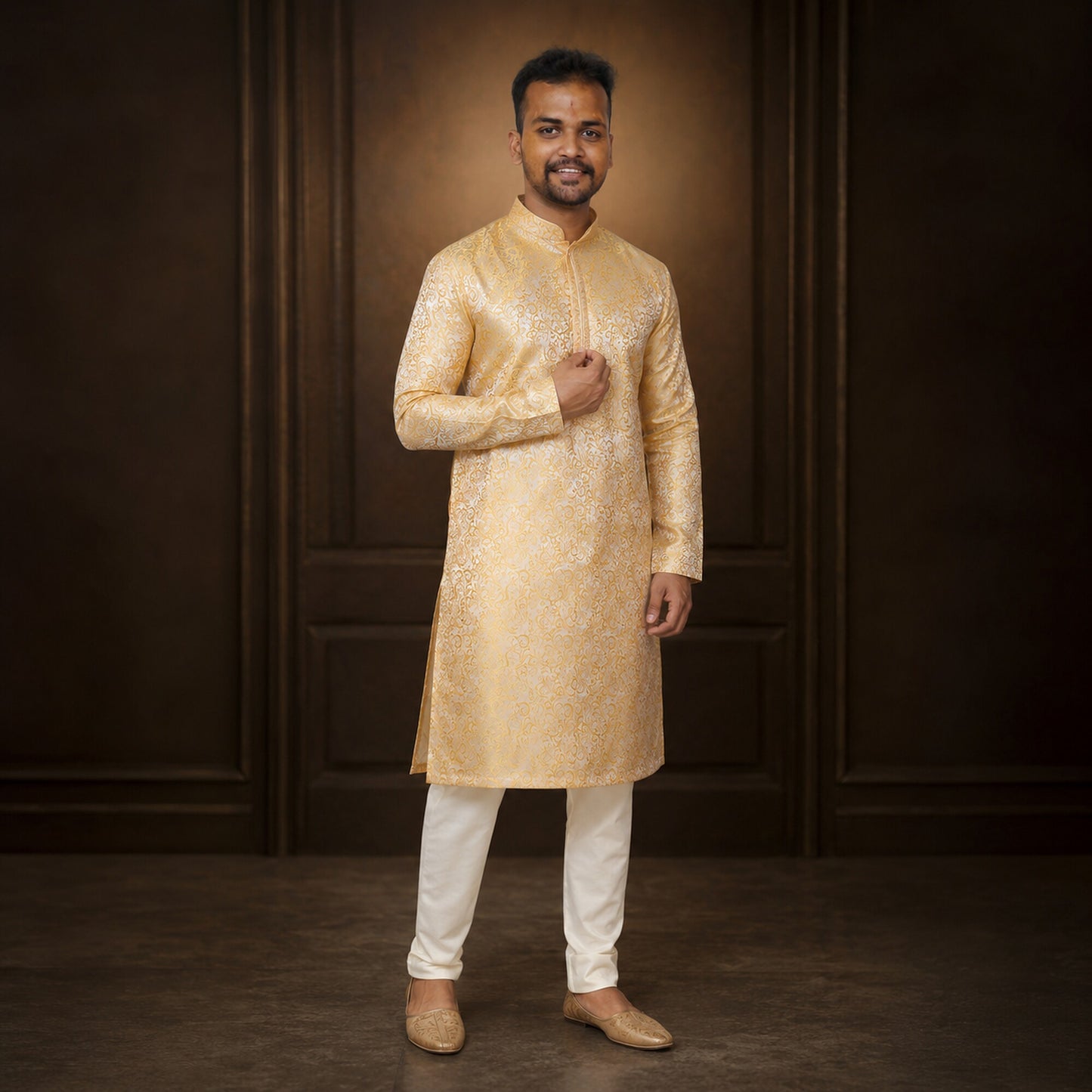Yellow Royal Vine Jacquard Kurta