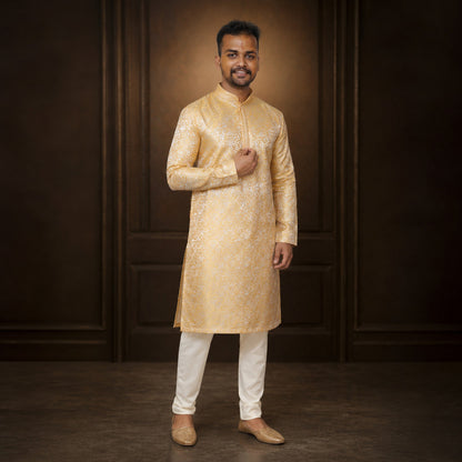 Yellow Royal Vine Jacquard Kurta