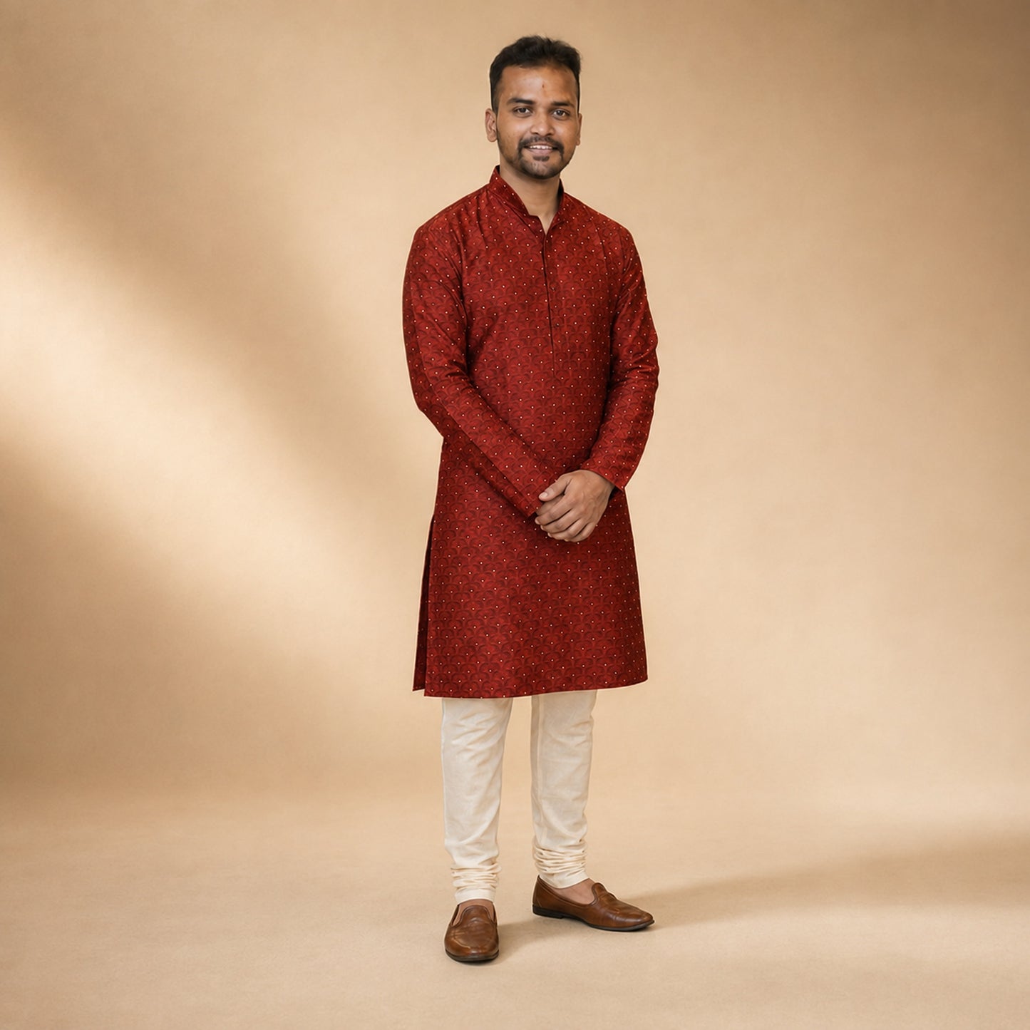 Royal Red Fan Motif Jacquard Kurta