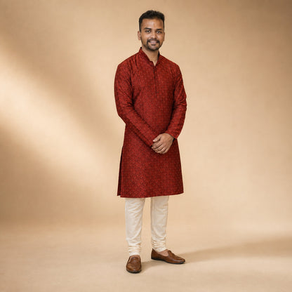 Royal Red Fan Motif Jacquard Kurta
