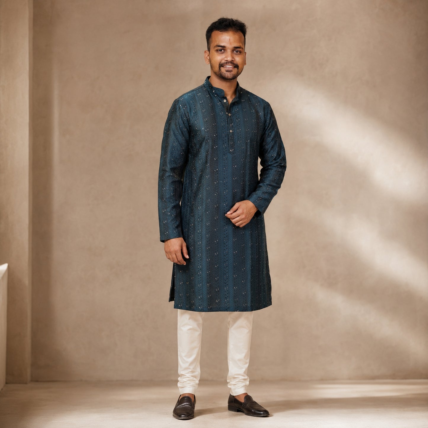 Midnight Teal Leaf Embroidered Kurta