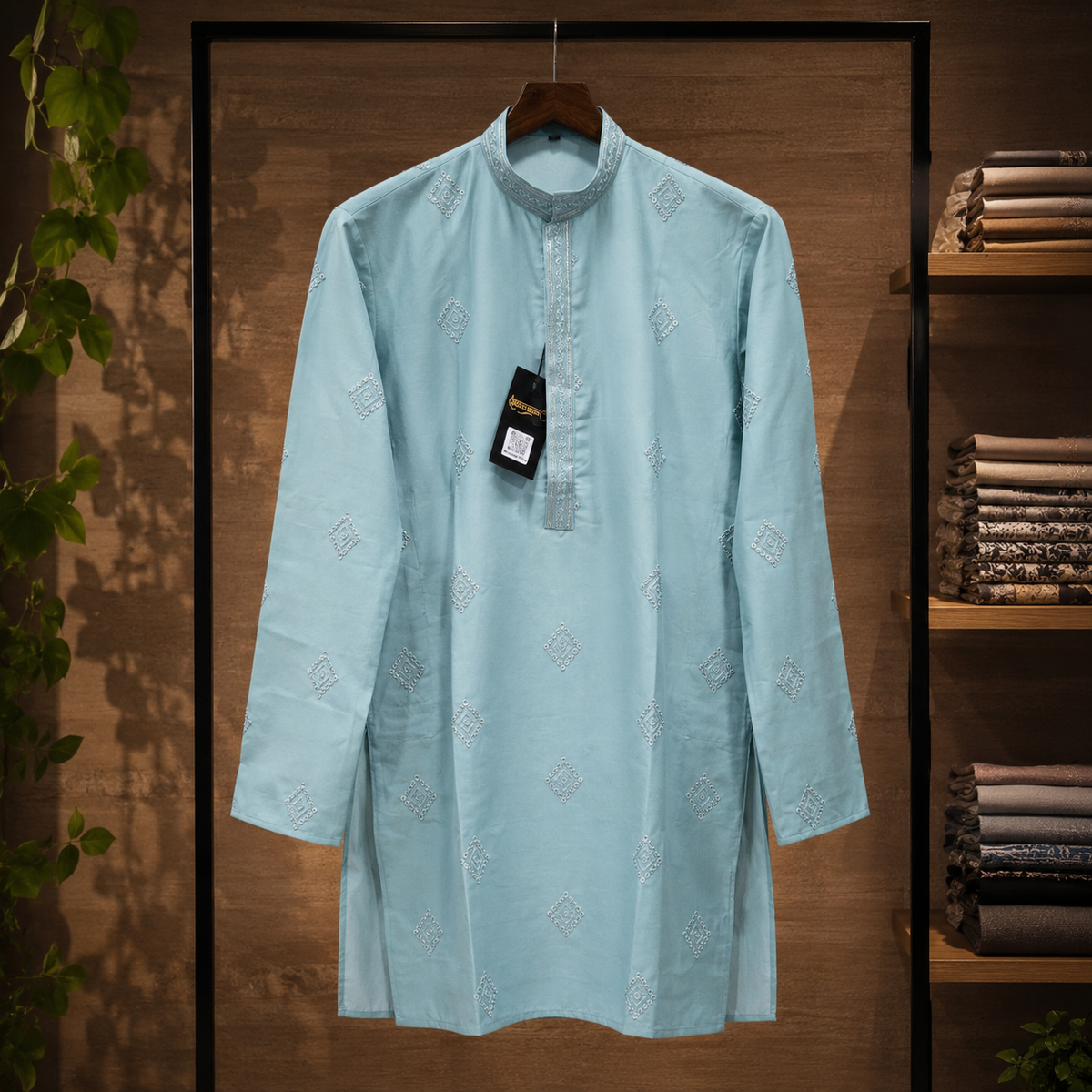 Ice Blue Embroidered Kurta with Sequin Detailing for Men