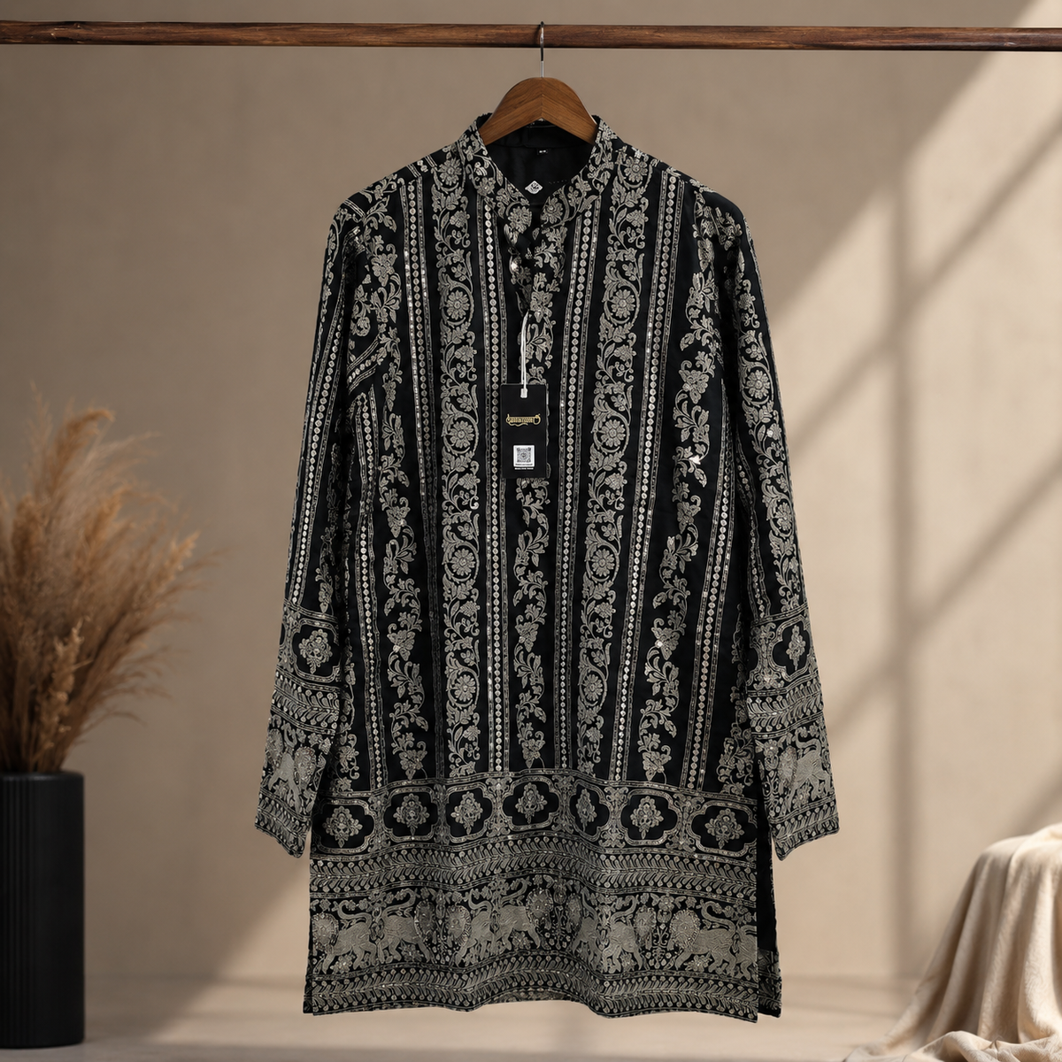 Black & Silver Heritage Print Men’s Kurta