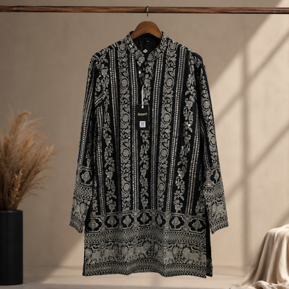 Black & Silver Heritage Print Men’s Kurta