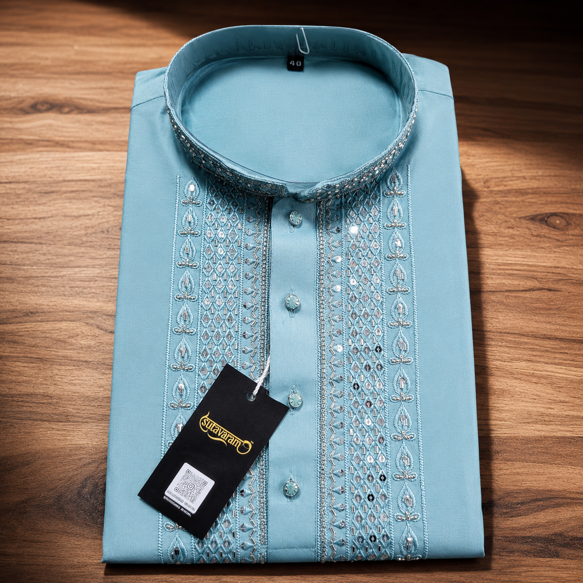 Powder Blue Embellished Kurta with Sequin & Beadwork for Men
