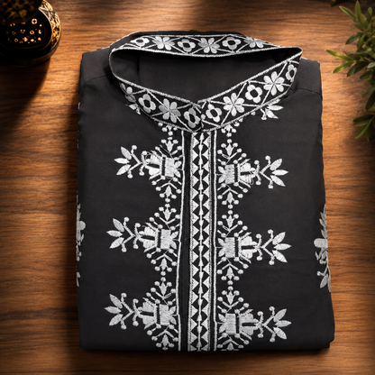 Black &amp; White Embroidered Men’s Kurta