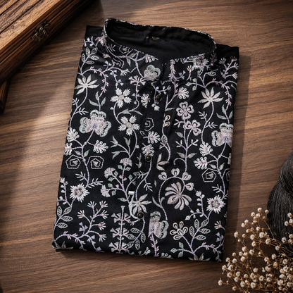 Midnight Black Floral Embroidered Men’s Kurta – Pastel Threadwork