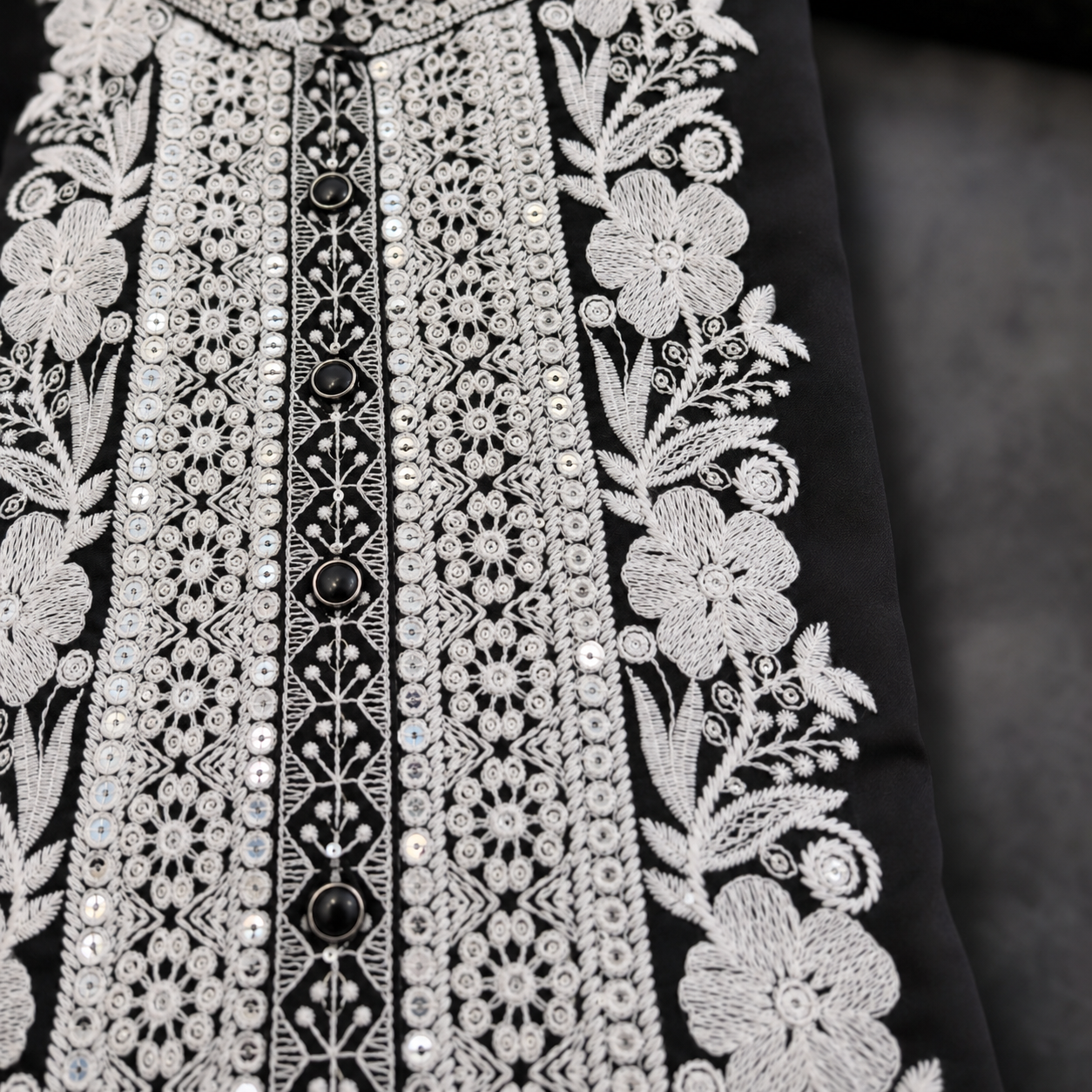 Midnight Black Ivory Floral Embroidered Kurta