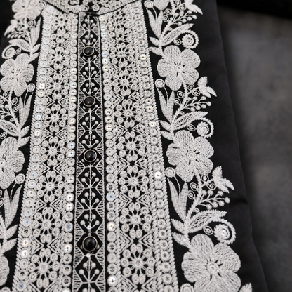 Midnight Black Ivory Floral Embroidered Kurta