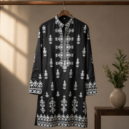 Black &amp; White Embroidered Men’s Kurta
