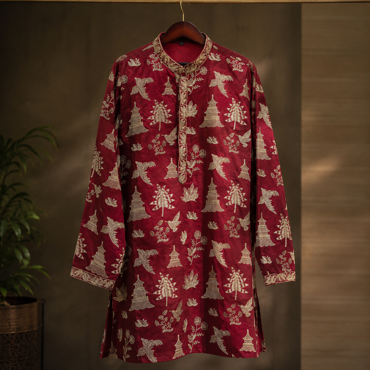 Royal Maroon & Gold Men’s Kurta – Heritage Bird & Botanical Motif
