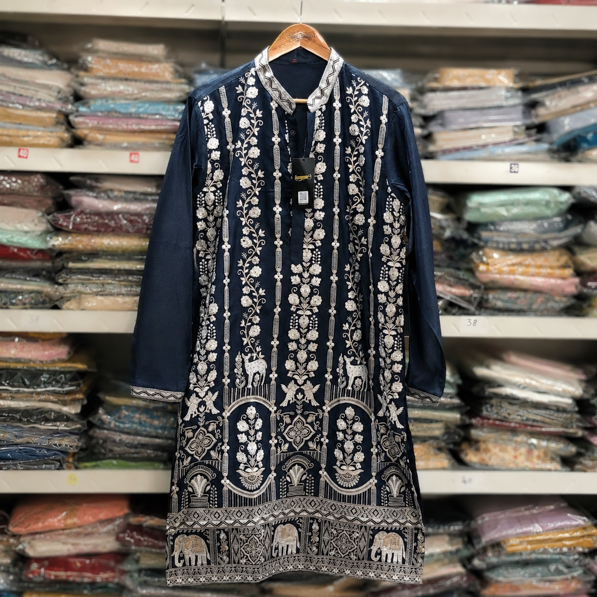 Royal Navy Blue Embroidered Men’s Kurta – Ivory Floral