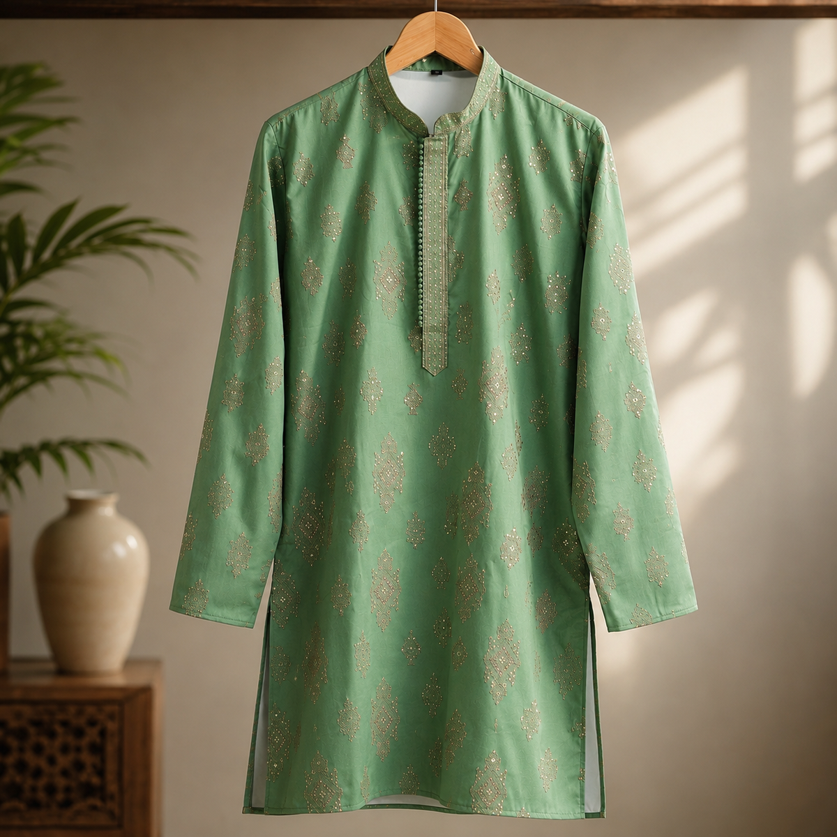 Sage Green Embroidered Festive Kurta with Sequin Detailing