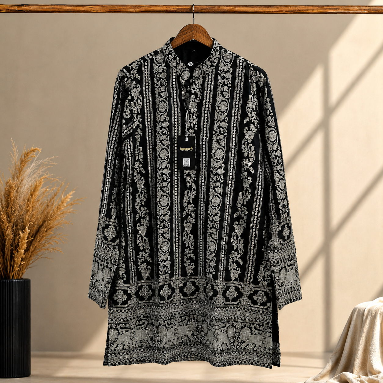 Black & Silver Heritage Print Men’s Kurta
