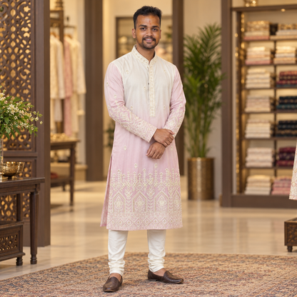 Blush Pink & Ivory Royal Embroidered Men’s Kurta – Premium Festive Wear