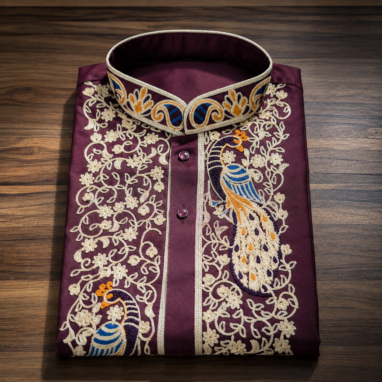 Royal Wine Peacock Embroidered Kurta for Men