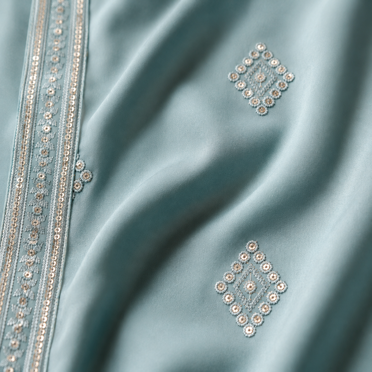 Ice Blue Embroidered Kurta with Sequin Detailing for Men