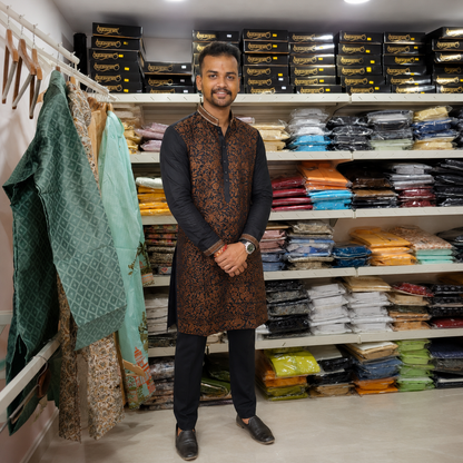 Midnight Black Kurta with Copper Floral Embroidery
