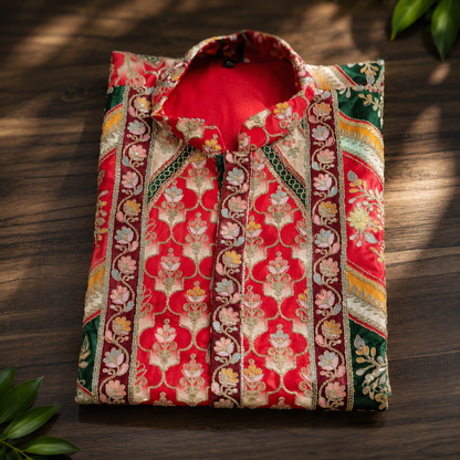 Royal Red & Emerald Heritage Print Men’s Kurta