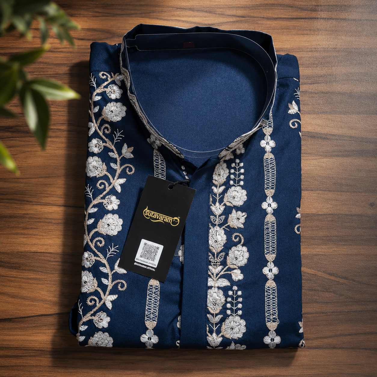 Royal Navy Blue Embroidered Men’s Kurta – Ivory Floral