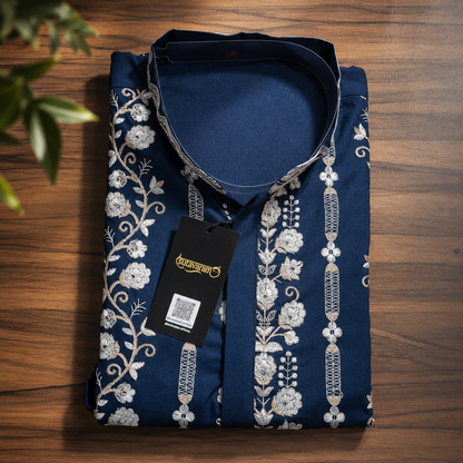 Royal Navy Blue Embroidered Men’s Kurta – Ivory Floral