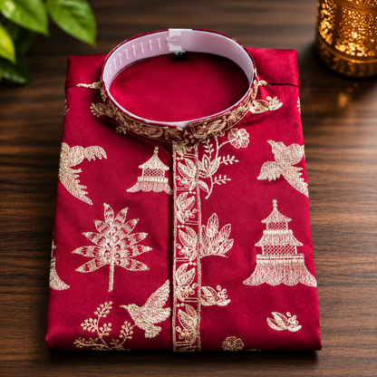 Royal Maroon & Gold Men’s Kurta – Heritage Bird & Botanical Motif