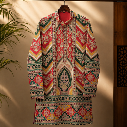 Royal Red & Emerald Heritage Print Men’s Kurta