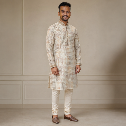 Ivory Multitone Geometric Embroidered Kurta