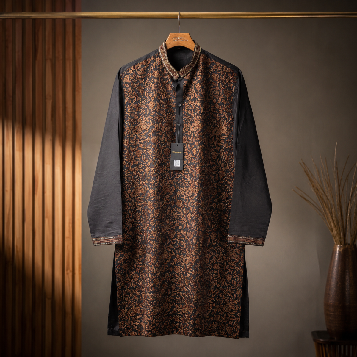 Midnight Black Kurta with Copper Floral Embroidery
