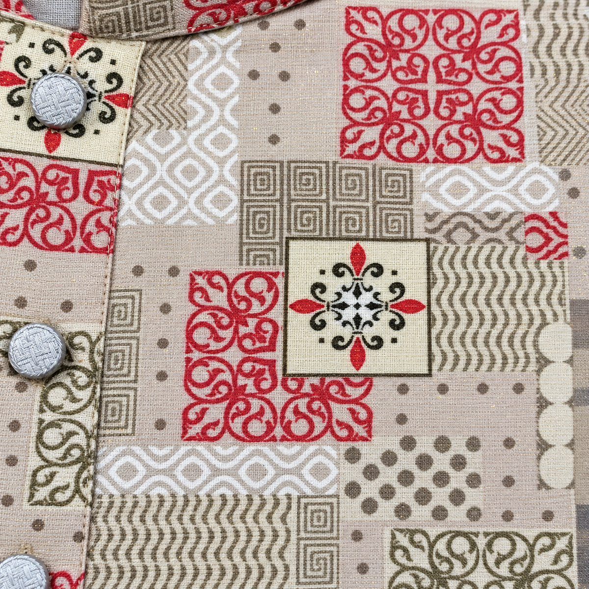 Heritage Mosaic Beige & Red Printed Men’s Kurta – Contemporary Ethnic Wear