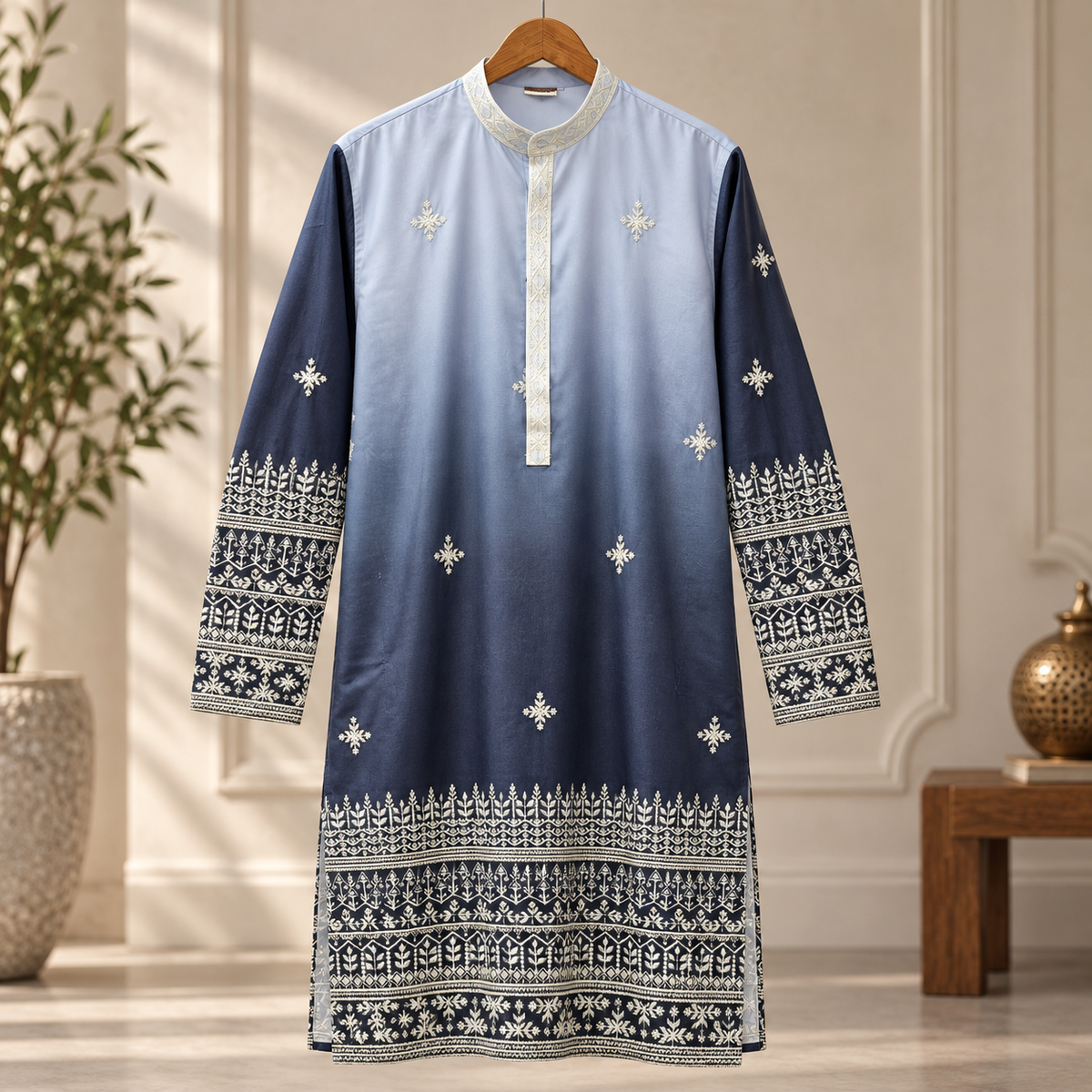 Midnight Navy & Powder Blue Embroidered Men’s Kurta – Premium Festive Wear