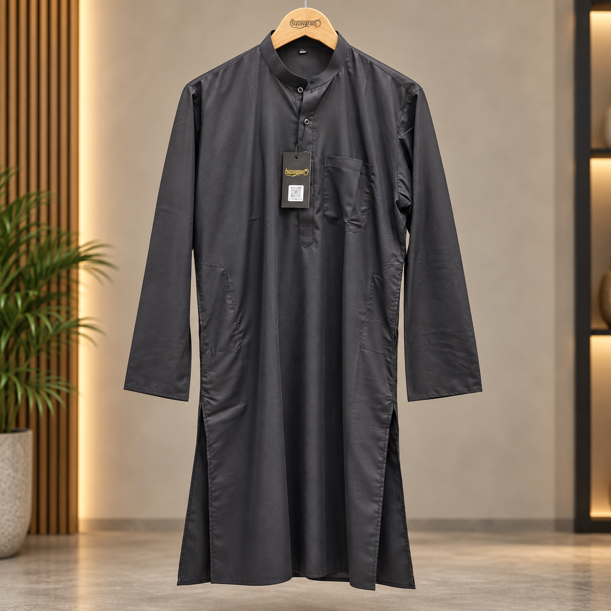 Classic Black Men’s Kurta – Minimal Solid Ethnic Wear with Utility Pockets