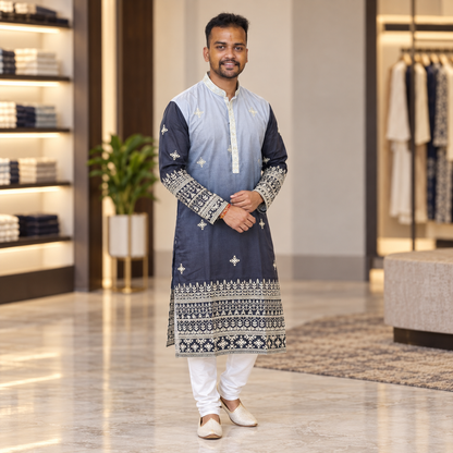 Midnight Navy & Powder Blue Embroidered Men’s Kurta – Premium Festive Wear