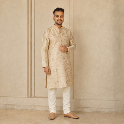Ivory Coastal Jacquard Kurta with Heritage Motifs