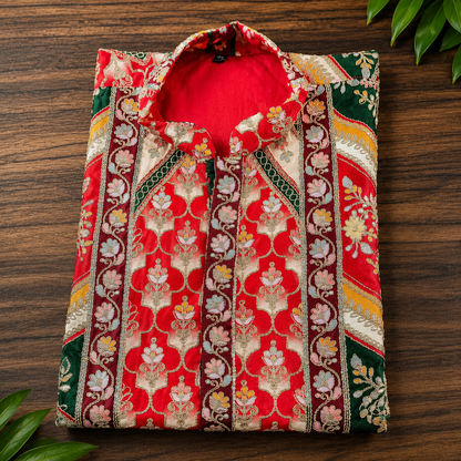 Royal Red & Emerald Heritage Print Men’s Kurta
