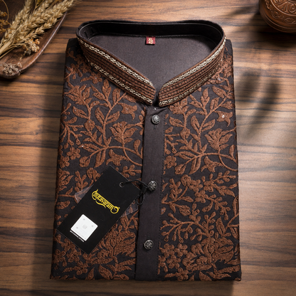 Midnight Black Kurta with Copper Floral Embroidery
