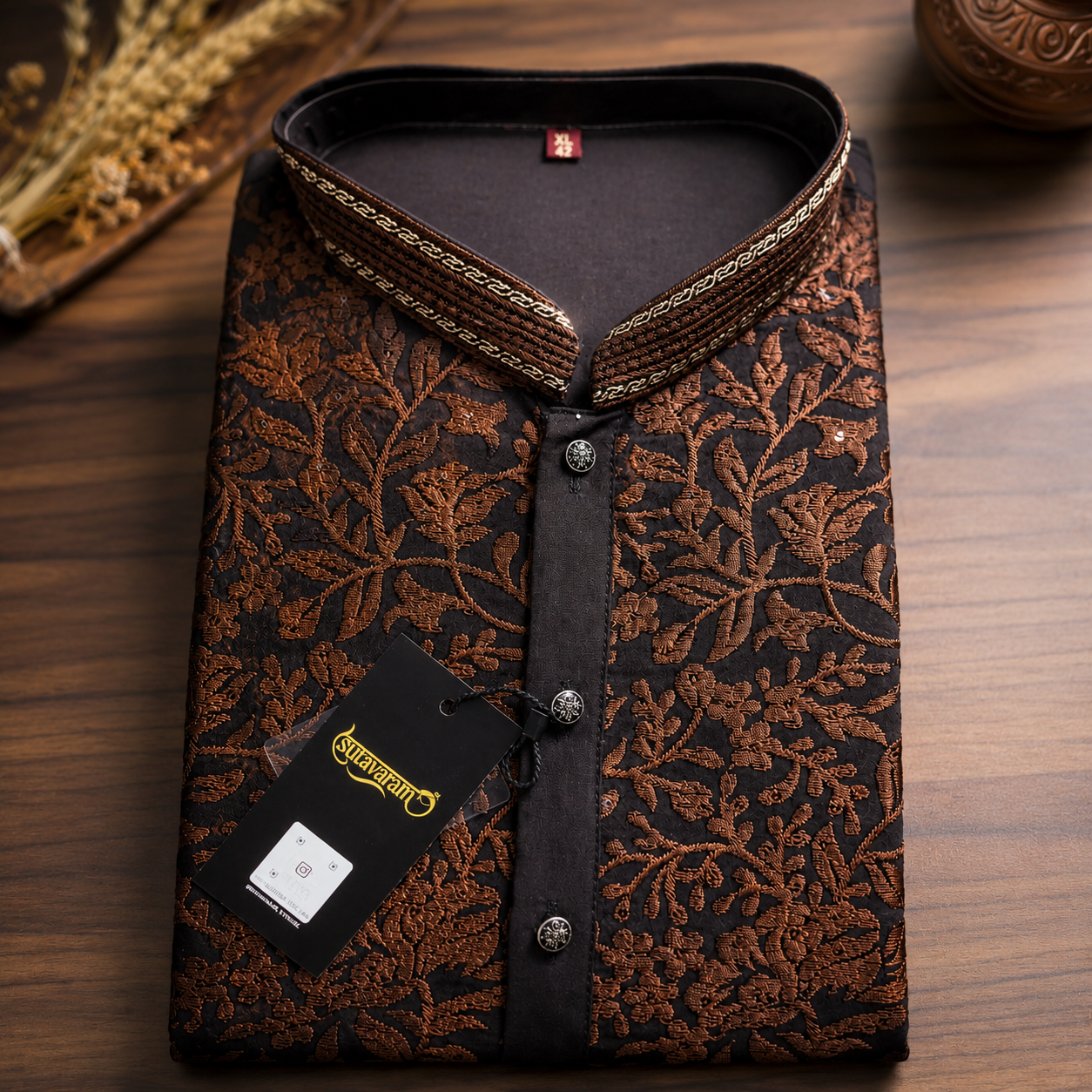 Midnight Black Kurta with Copper Floral Embroidery