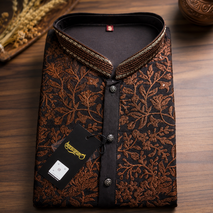 Midnight Black Kurta with Copper Floral Embroidery