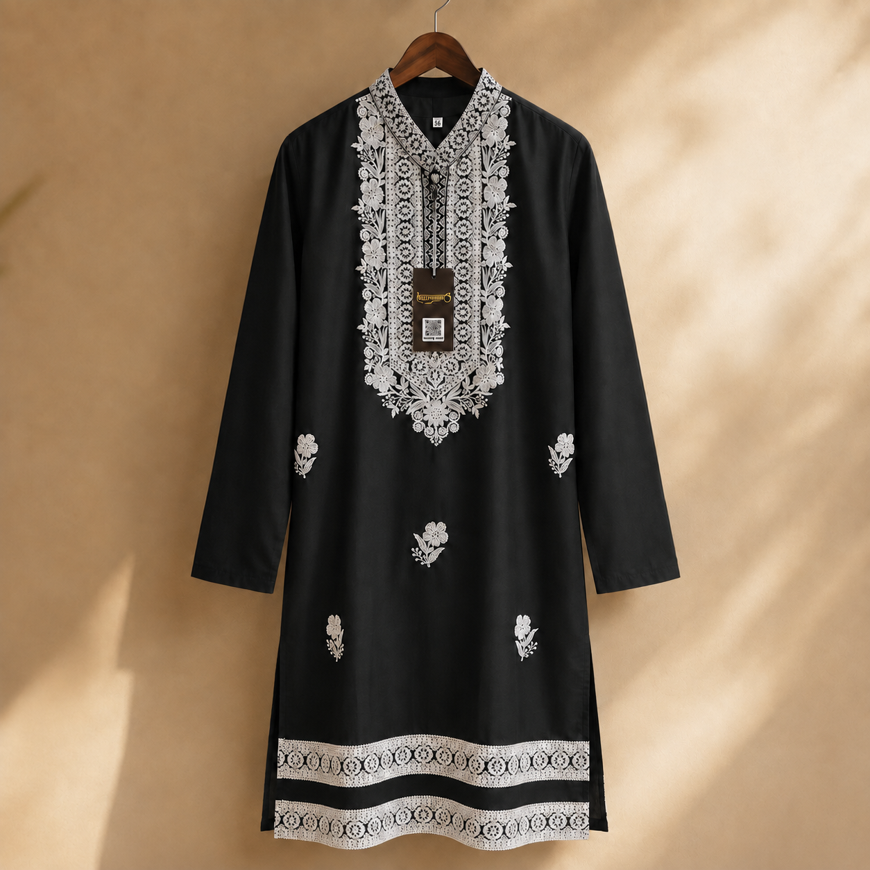 Midnight Black Ivory Floral Embroidered Kurta