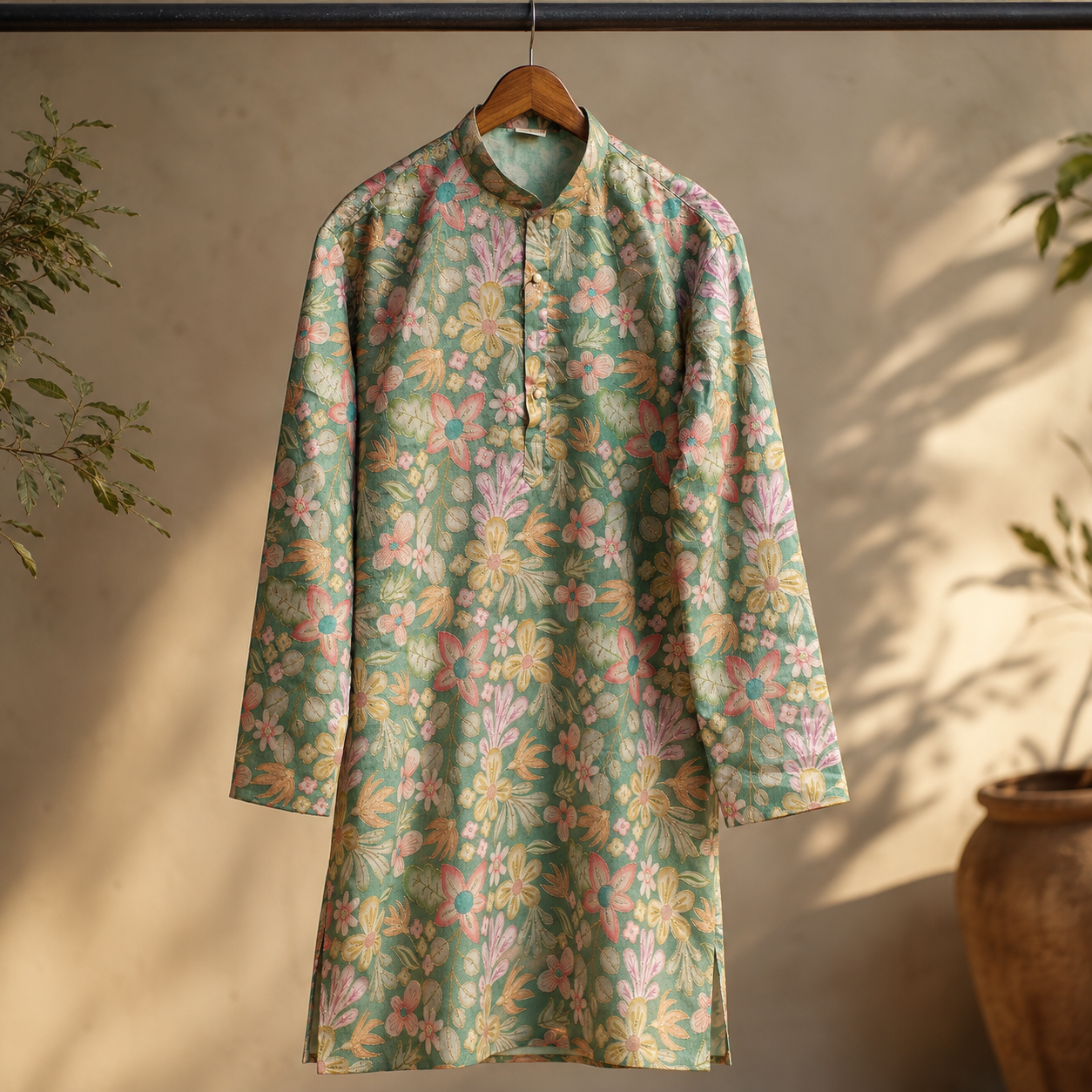 Sage Green Floral Kurta with Sequin Detailing