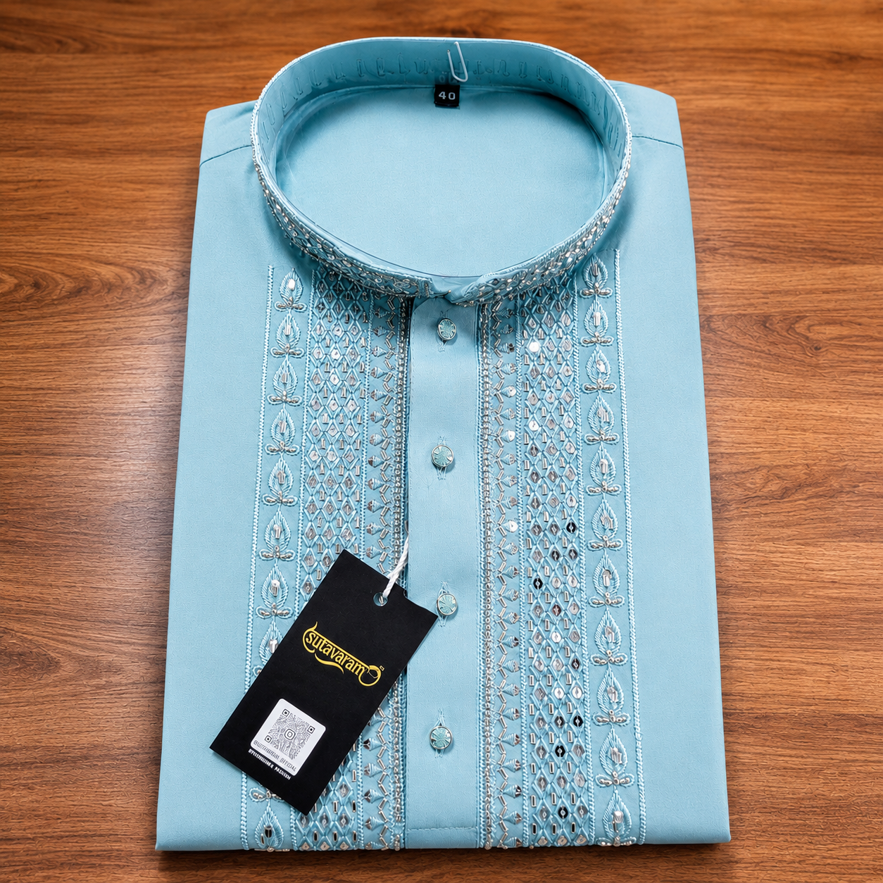 Powder Blue Embellished Kurta with Sequin & Beadwork for Men