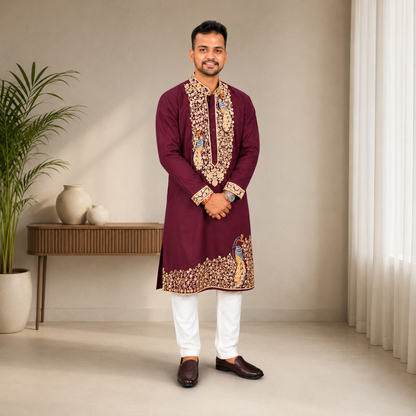 Royal Wine Peacock Embroidered Kurta for Men