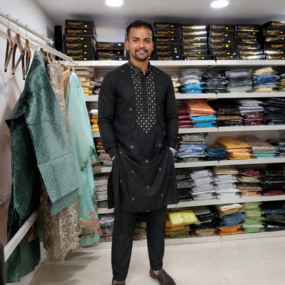 Midnight Royale Black Kurta with Intricate Metallic Embellishment