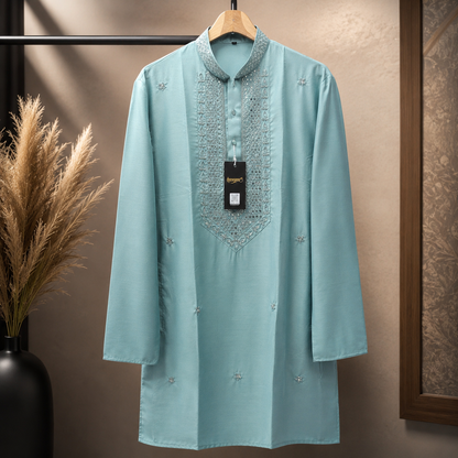 Powder Blue Embellished Kurta with Sequin & Beadwork for Men