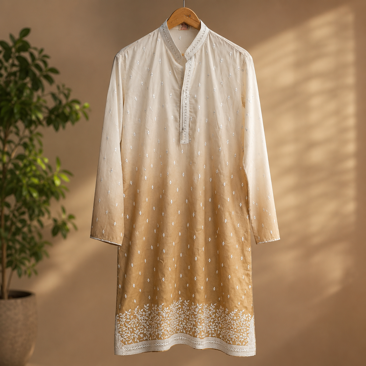 Ivory & Antique Gold Ombre Kurta with Mirror Embroidery