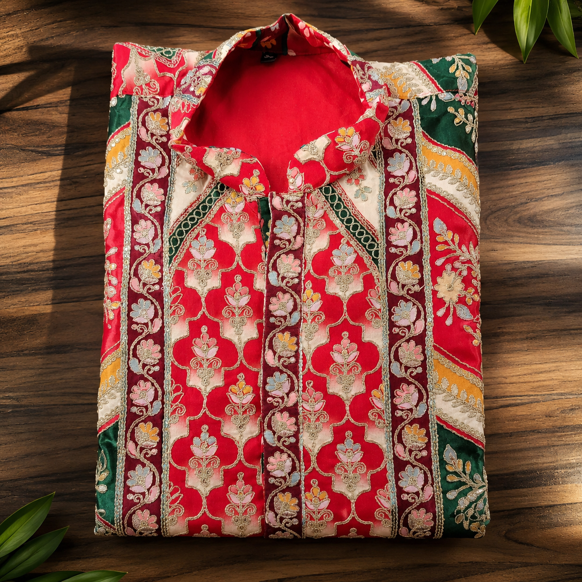 Royal Red & Emerald Heritage Print Men’s Kurta