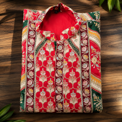 Royal Red & Emerald Heritage Print Men’s Kurta