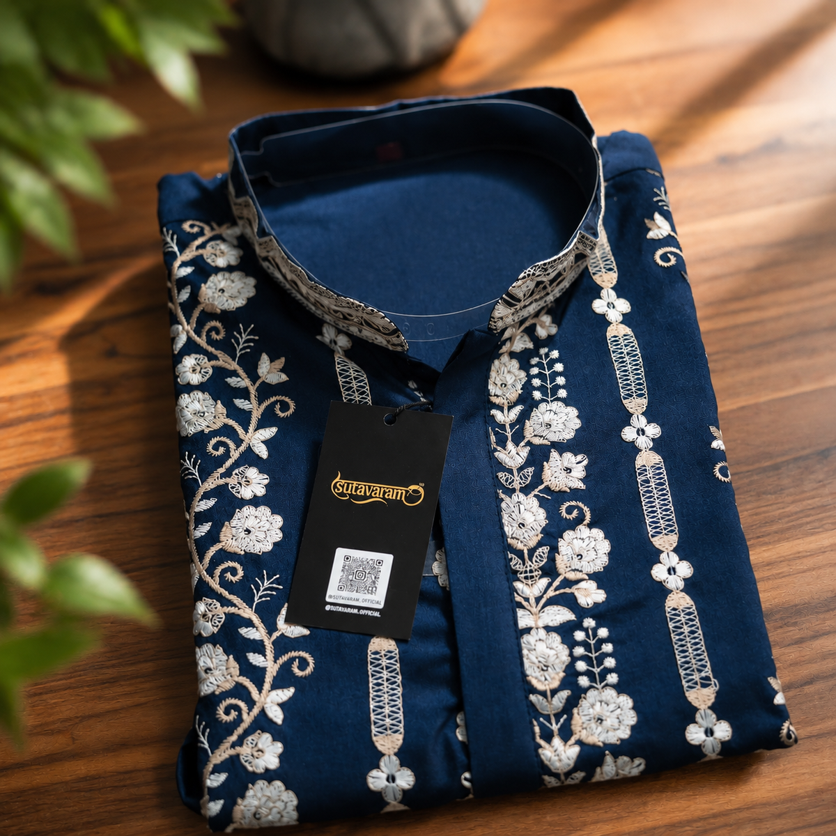 Royal Navy Blue Embroidered Men’s Kurta – Ivory Floral