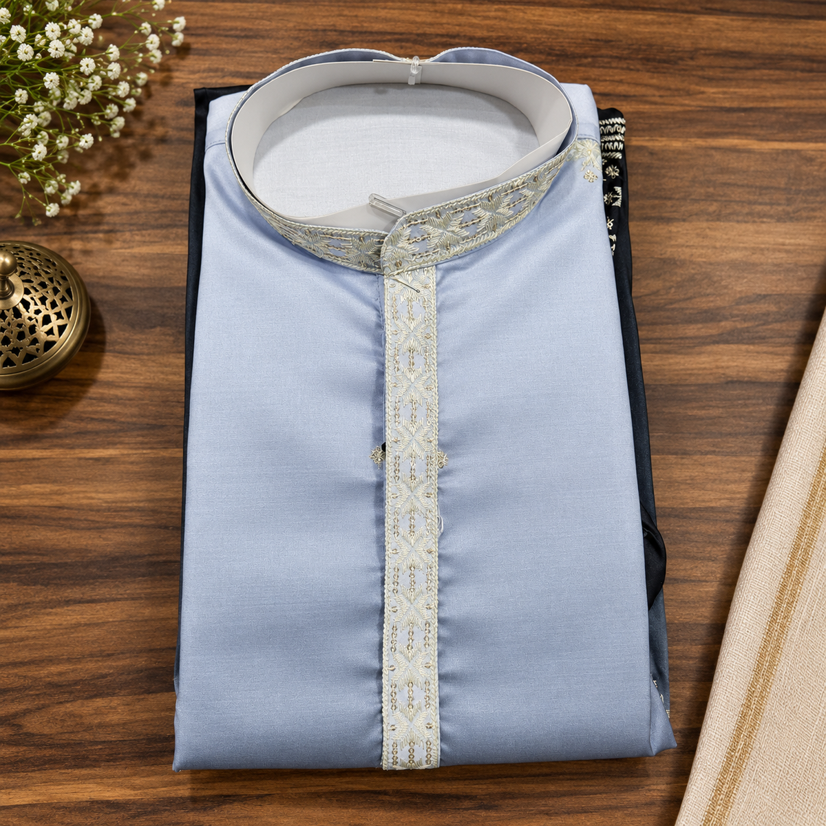Midnight Navy & Powder Blue Embroidered Men’s Kurta – Premium Festive Wear